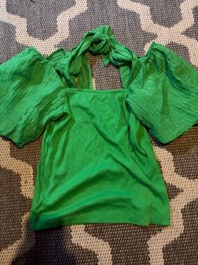 LOFT Green Square-Neck Puff Sleeve blouse